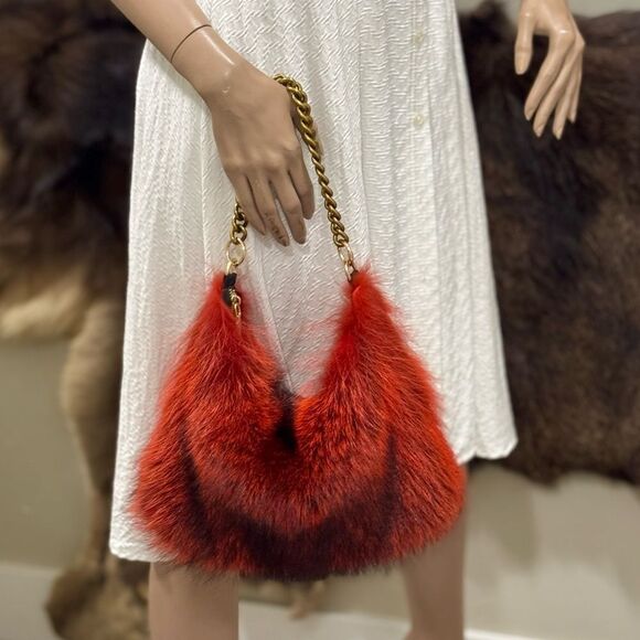 Burnt Orange Real Raccoo Fur Slouchy Bag/Hobo Bag/ Crossbody/Multi Use Style - Picture 10 of 16